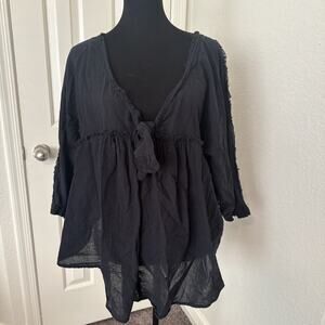 Free People Peasant Top Small Oversized Black Flowy Tie Front